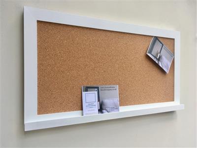 'All White' Large Cork Pinboard w. Modern Frame & Shelf